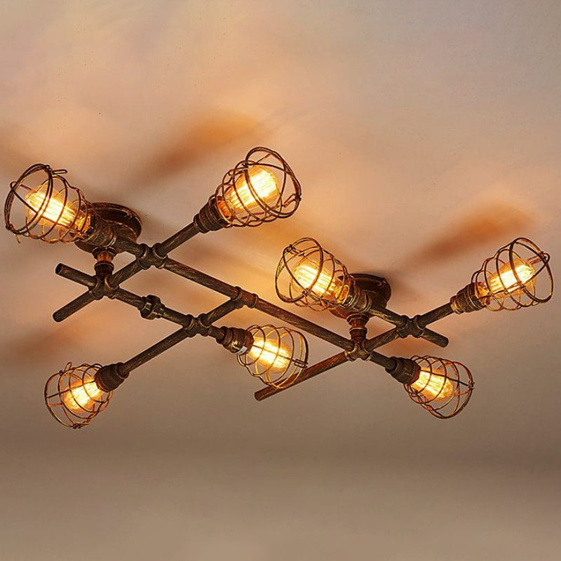 Piping Ceiling Light Fixture Industrial Antiqued Bronze Metal Semi Flush Mount Light with Cage Clearhalo 'Ceiling Lights' 'Close To Ceiling Lights' 'Close to ceiling' 'Semi-flushmount' Lighting' 2289833
