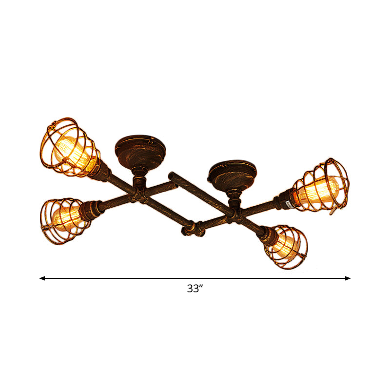 Piping Ceiling Light Fixture Industrial Antiqued Bronze Metal Semi Flush Mount Light with Cage 4 Bronze Clearhalo 'Ceiling Lights' 'Close To Ceiling Lights' 'Close to ceiling' 'Semi-flushmount' Lighting' 2289835