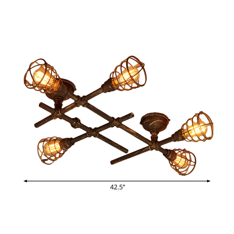 Piping Ceiling Light Fixture Industrial Antiqued Bronze Metal Semi Flush Mount Light with Cage 5 Bronze Clearhalo 'Ceiling Lights' 'Close To Ceiling Lights' 'Close to ceiling' 'Semi-flushmount' Lighting' 2289836