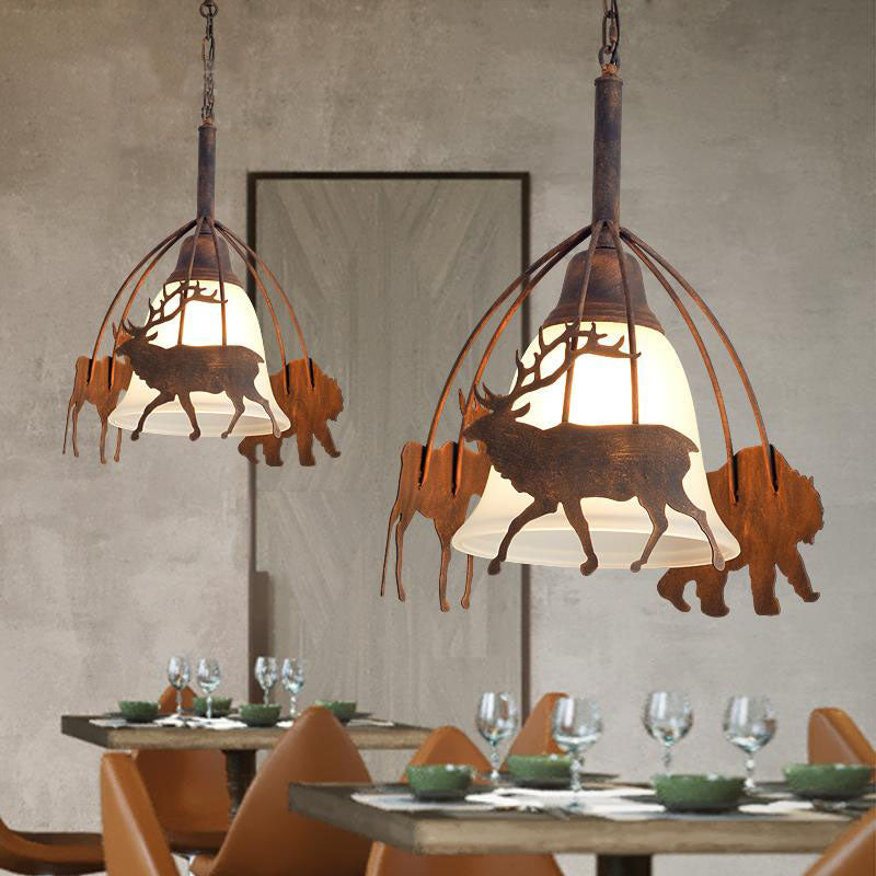 Rust 1 Light Pendant Light Countryside Frosted Glass Bell Hanging Lamp for Restaurant with Deer Clearhalo 'Ceiling Lights' 'Glass shade' 'Glass' 'Pendant Lights' 'Pendants' Lighting' 228985