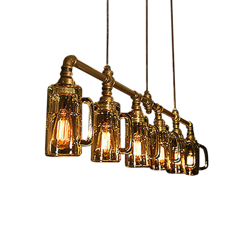 Beer Mug Bar Hanging Light Industrial Clear Glass 6 Bulbs Gold Island Lamp with Pipe Decor Gold Clearhalo 'Ceiling Lights' 'Island Lights' Lighting' 2289851