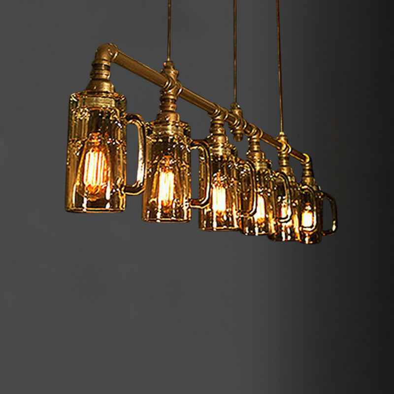 Beer Mug Bar Hanging Light Industrial Clear Glass 6 Bulbs Gold Island Lamp with Pipe Decor Clearhalo 'Ceiling Lights' 'Island Lights' Lighting' 2289854