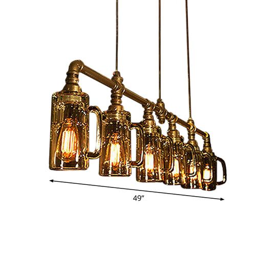 Beer Mug Bar Hanging Light Industrial Clear Glass 6 Bulbs Gold Island Lamp with Pipe Decor Clearhalo 'Ceiling Lights' 'Island Lights' Lighting' 2289855