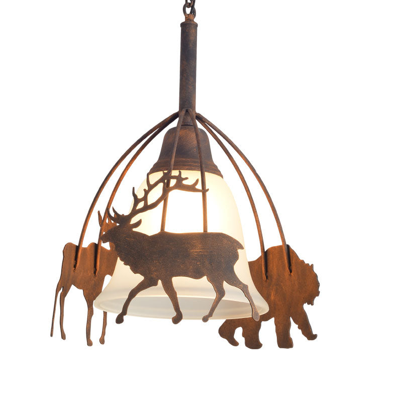 Rust 1 Light Pendant Light Countryside Frosted Glass Bell Hanging Lamp for Restaurant with Deer Clearhalo 'Ceiling Lights' 'Glass shade' 'Glass' 'Pendant Lights' 'Pendants' Lighting' 228986