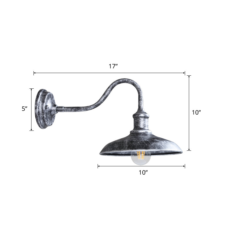 Gooseneck Metal Wall Sconce Light Fixture Industrial 1-Light Outdoor Wall Lamp with Shade Aged Silver Clearhalo 'Art deco wall lights' 'Cast Iron' 'Glass' 'Industrial wall lights' 'Industrial' 'Middle century wall lights' 'Modern' 'Rustic wall lights' 'Tiffany' 'Traditional wall lights' 'Wall Lamps & Sconces' 'Wall Lights' Lighting' 2289871