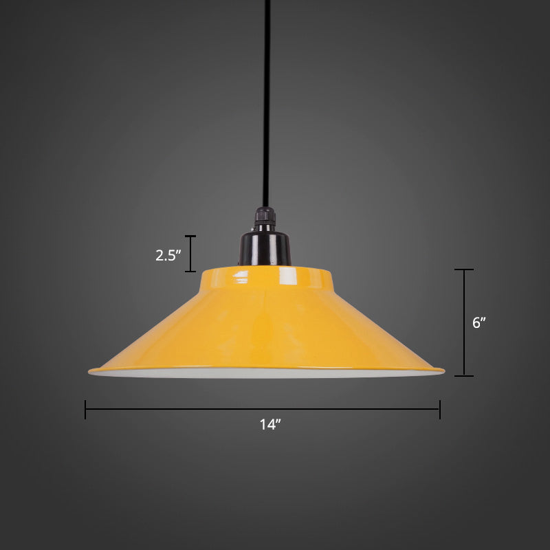 1-Light Ceiling Suspension Lamp Loft Conical Metal Hanging Light with Rolled Edge Yellow 14" Clearhalo 'Art Deco Pendants' 'Black' 'Cast Iron' 'Ceiling Lights' 'Ceramic' 'Crystal' 'Industrial Pendants' 'Industrial' 'Metal' 'Middle Century Pendants' 'Pendant Lights' 'Pendants' 'Rustic Pendants' 'Tiffany' Lighting' 2289896