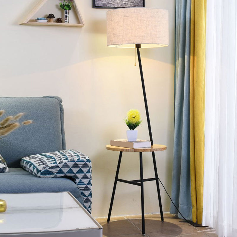 Simple Style Drum Floor Light Fabric Single Living Room Standing Lamp in Black with Wooden Tray and Pull Chain Clearhalo 'Floor Lamps' 'Lamps' Lighting' 2289946