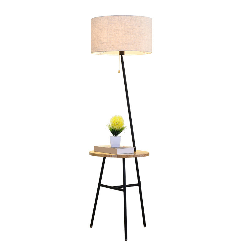 Simple Style Drum Floor Light Fabric Single Living Room Standing Lamp in Black with Wooden Tray and Pull Chain Clearhalo 'Floor Lamps' 'Lamps' Lighting' 2289947
