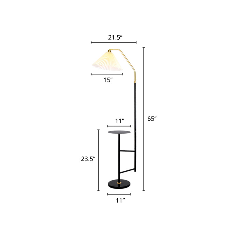 Cone Stand Up Lamp Minimalist Pleated Fabric Single Bedroom Floor Lighting with Tray and Marble Base Black Clearhalo 'Floor Lamps' 'Lamps' Lighting' 2289953