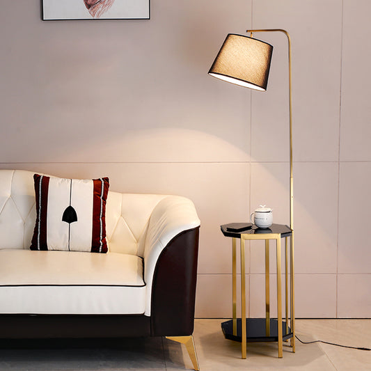 Bucket Living Room Floor Lamp Fabric 1 Head Modern Standing Light with 2-Tier Shelf