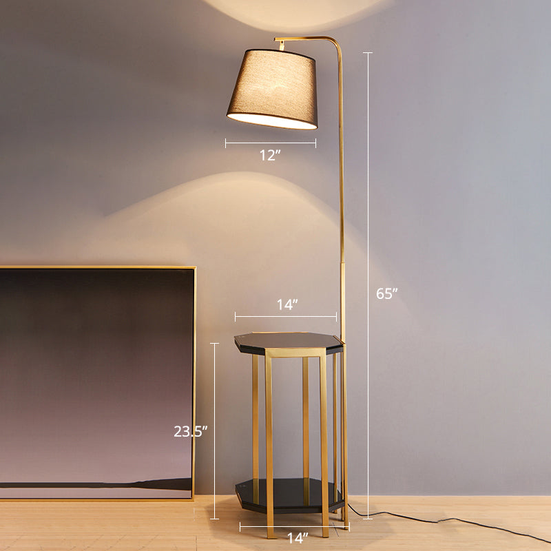 Bucket Living Room Floor Lamp Fabric 1 Head Modern Standing Light with 2-Tier Shelf Gold Black Clearhalo 'Floor Lamps' 'Lamps' Lighting' 2289962