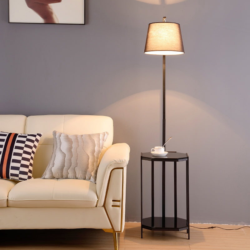 Bucket Living Room Floor Lamp Fabric 1 Head Modern Standing Light with 2-Tier Shelf Clearhalo 'Floor Lamps' 'Lamps' Lighting' 2289966