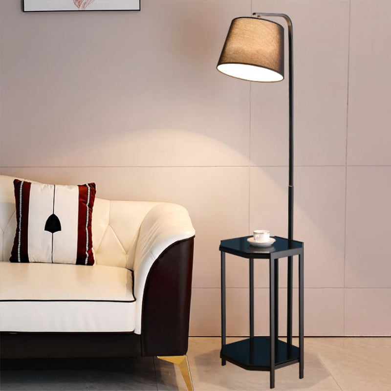 Bucket Living Room Floor Lamp Fabric 1 Head Modern Standing Light with 2-Tier Shelf Black Black Clearhalo 'Floor Lamps' 'Lamps' Lighting' 2289967