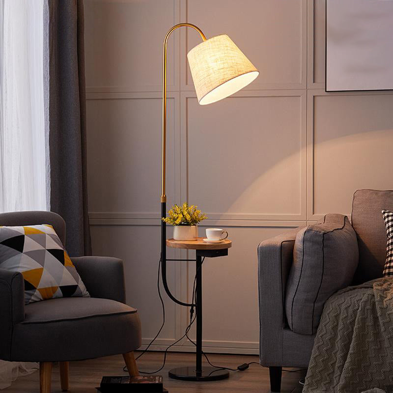 Fabric Tapered Drum Standing Lighting Contemporary 1 Bulb Floor Light with Tray for Bedside Wood Clearhalo 'Floor Lamps' 'Lamps' Lighting' 2289970