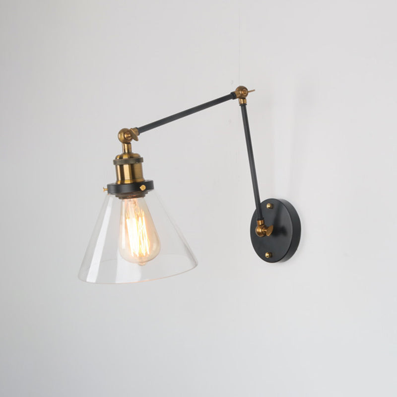 Vintage Cone Wall Light Fixture 1 Bulb Clear Glass Wall Mounted Lamp with Long Arm Clearhalo 'Art deco wall lights' 'Cast Iron' 'Glass' 'Industrial wall lights' 'Industrial' 'Middle century wall lights' 'Modern' 'Rustic wall lights' 'Tiffany' 'Traditional wall lights' 'Wall Lamps & Sconces' 'Wall Lights' Lighting' 2289993