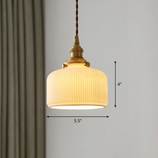 Retro Style Rounded Drum Suspension Lighting 1��Head Ceramic Pendant Ceiling Light in Brass Brass B Clearhalo 'Ceiling Lights' 'Glass shade' 'Glass' 'Industrial Pendants' 'Industrial' 'Middle Century Pendants' 'Pendant Lights' 'Pendants' 'Tiffany' Lighting' 2290021