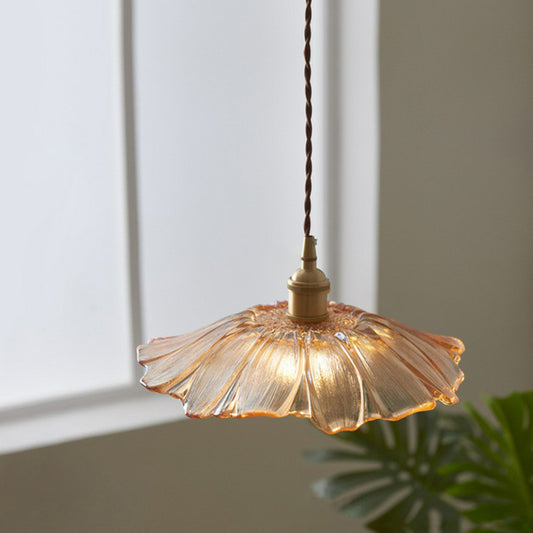 Antique Floral Pendant Light 1-Light Ruffle Glass Hanging Light Fixture for Restaurant Clearhalo 'Ceiling Lights' 'Glass shade' 'Glass' 'Industrial Pendants' 'Industrial' 'Middle Century Pendants' 'Pendant Lights' 'Pendants' 'Tiffany' Lighting' 2290049