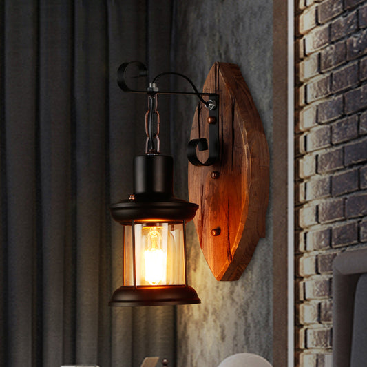 1-Bulb Lantern Sconce Light Fixture Coastal Wood and Black Clear Glass Wall Lamp for Corridor Clearhalo 'Industrial wall lights' 'Industrial' 'Middle century wall lights' 'Rustic wall lights' 'Tiffany' 'Wall Lamps & Sconces' 'Wall Lights' Lighting' 2290103
