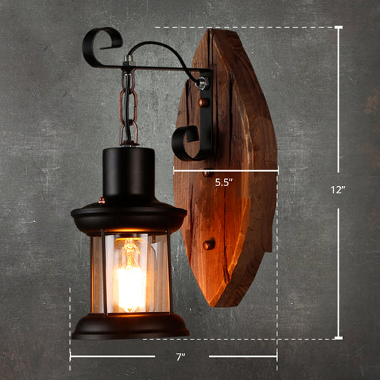 1-Bulb Lantern Sconce Light Fixture Coastal Wood and Black Clear Glass Wall Lamp for Corridor Wood Clearhalo 'Industrial wall lights' 'Industrial' 'Middle century wall lights' 'Rustic wall lights' 'Tiffany' 'Wall Lamps & Sconces' 'Wall Lights' Lighting' 2290104