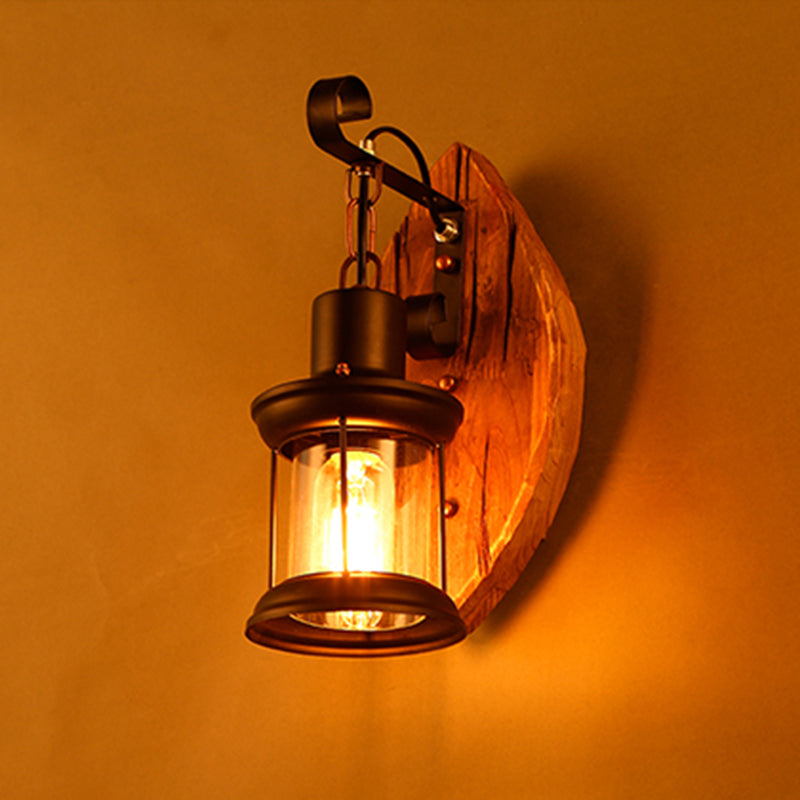 1-Bulb Lantern Sconce Light Fixture Coastal Wood and Black Clear Glass Wall Lamp for Corridor Clearhalo 'Industrial wall lights' 'Industrial' 'Middle century wall lights' 'Rustic wall lights' 'Tiffany' 'Wall Lamps & Sconces' 'Wall Lights' Lighting' 2290106
