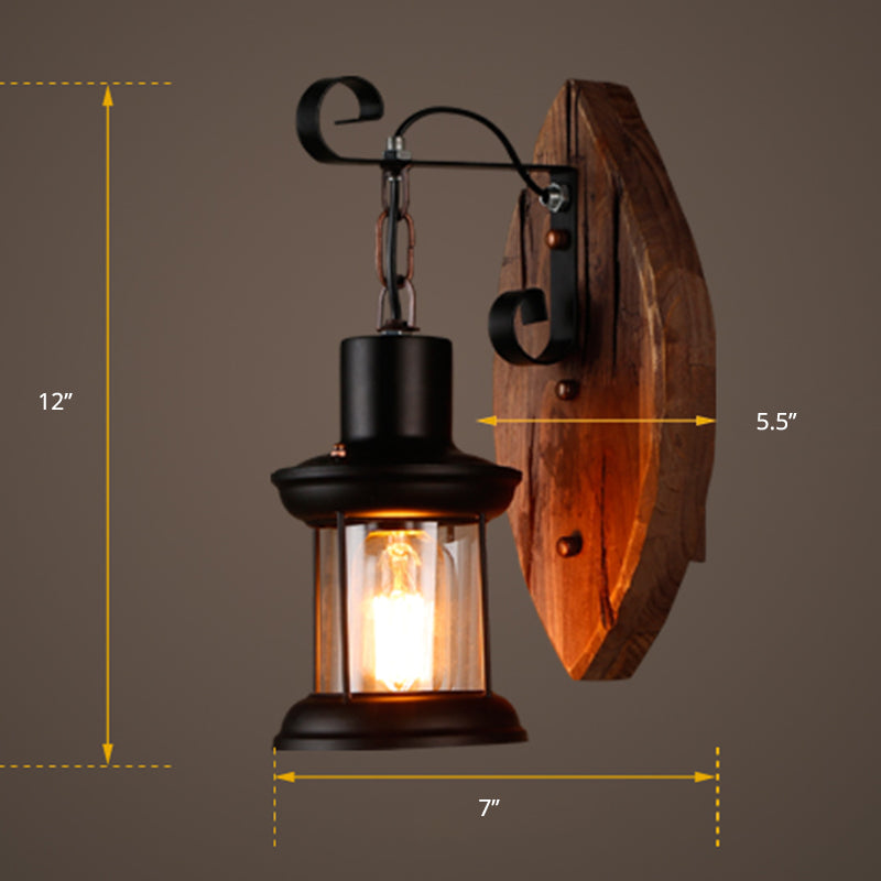 1-Bulb Lantern Sconce Light Fixture Coastal Wood and Black Clear Glass Wall Lamp for Corridor Clearhalo 'Industrial wall lights' 'Industrial' 'Middle century wall lights' 'Rustic wall lights' 'Tiffany' 'Wall Lamps & Sconces' 'Wall Lights' Lighting' 2290107