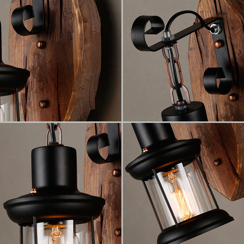 1-Bulb Lantern Sconce Light Fixture Coastal Wood and Black Clear Glass Wall Lamp for Corridor Clearhalo 'Industrial wall lights' 'Industrial' 'Middle century wall lights' 'Rustic wall lights' 'Tiffany' 'Wall Lamps & Sconces' 'Wall Lights' Lighting' 2290108