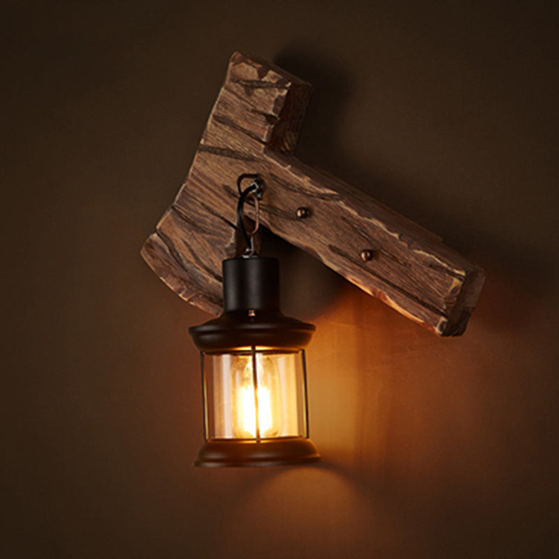 Wooden Ax Wall Sconce Light Country 1 Head Bedroom Wall Lighting with Lantern Shade Clearhalo 'Industrial wall lights' 'Industrial' 'Middle century wall lights' 'Rustic wall lights' 'Tiffany' 'Wall Lamps & Sconces' 'Wall Lights' Lighting' 2290112