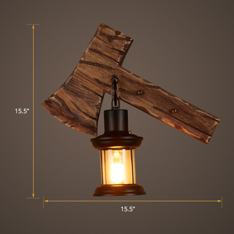 Wooden Ax Wall Sconce Light Country 1 Head Bedroom Wall Lighting with Lantern Shade Clearhalo 'Industrial wall lights' 'Industrial' 'Middle century wall lights' 'Rustic wall lights' 'Tiffany' 'Wall Lamps & Sconces' 'Wall Lights' Lighting' 2290113