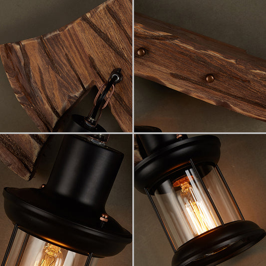 Wooden Ax Wall Sconce Light Country 1 Head Bedroom Wall Lighting with Lantern Shade