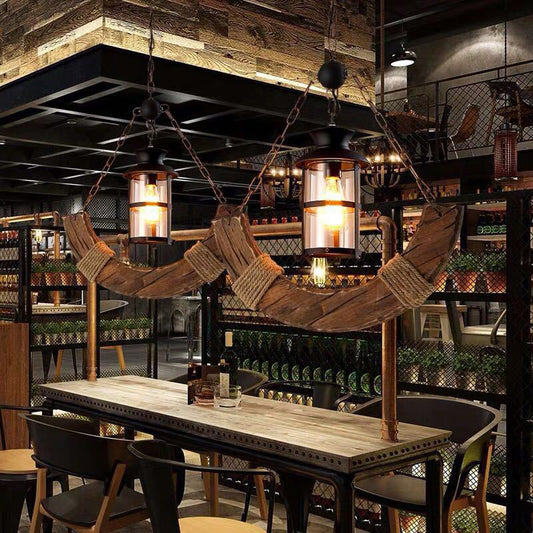 Clear Glass Cylinder Hanging Light Nautical Single Bar Pendant Lighting with Arc Wooden Decoration Clearhalo 'Ceiling Lights' 'Industrial Pendants' 'Industrial' 'Middle Century Pendants' 'Pendant Lights' 'Pendants' 'Tiffany' Lighting' 2290118