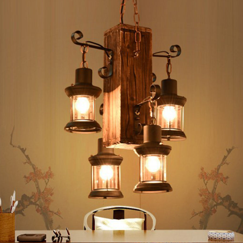 Wood 4 Heads Suspension Lighting Rustic Clear Glass Lantern Chandelier for Restaurant Wood Clearhalo 'Carpenter Chandeliers' 'Ceiling Lights' 'Chandeliers' 'Industrial Chandeliers' 'Industrial' 'Middle Century Chandeliers' 'Modern' 'Tiffany' Lighting' 2290120