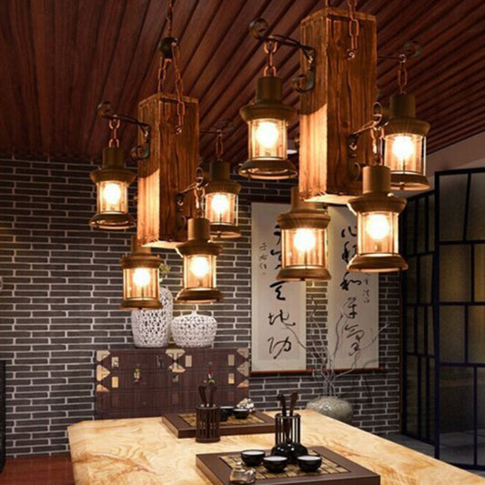 Wood 4 Heads Suspension Lighting Rustic Clear Glass Lantern Chandelier for Restaurant Clearhalo 'Carpenter Chandeliers' 'Ceiling Lights' 'Chandeliers' 'Industrial Chandeliers' 'Industrial' 'Middle Century Chandeliers' 'Modern' 'Tiffany' Lighting' 2290122