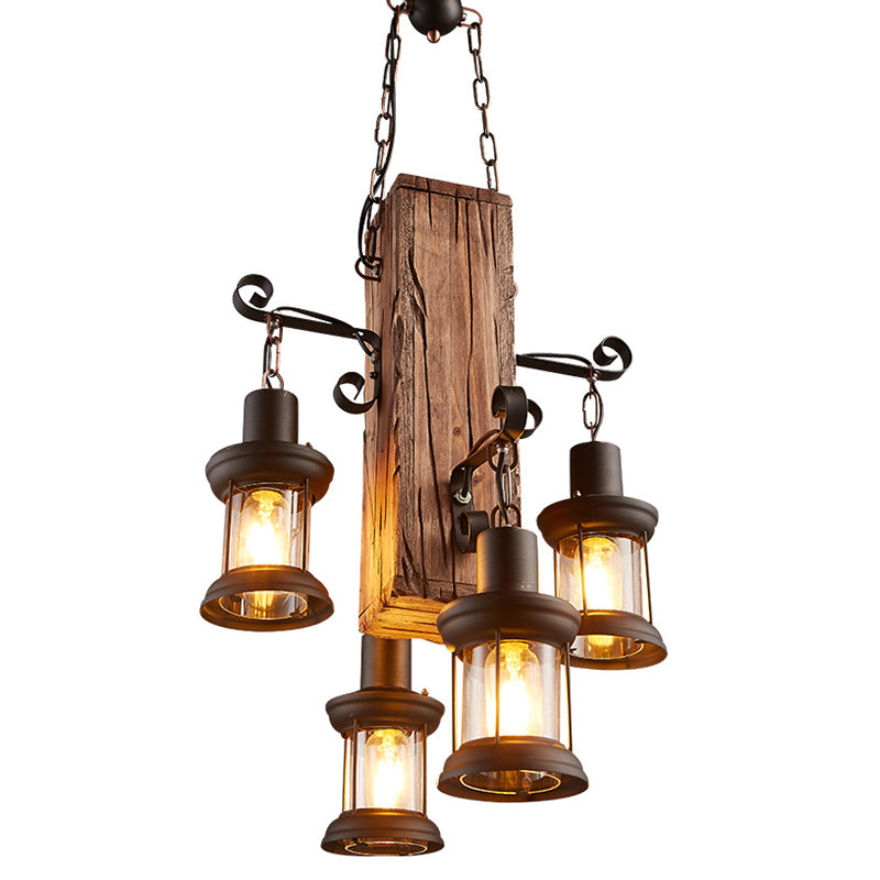Wood 4 Heads Suspension Lighting Rustic Clear Glass Lantern Chandelier for Restaurant Clearhalo 'Carpenter Chandeliers' 'Ceiling Lights' 'Chandeliers' 'Industrial Chandeliers' 'Industrial' 'Middle Century Chandeliers' 'Modern' 'Tiffany' Lighting' 2290123