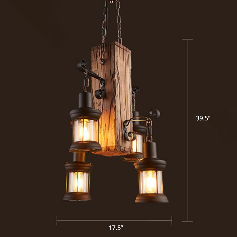 Wood 4 Heads Suspension Lighting Rustic Clear Glass Lantern Chandelier for Restaurant Clearhalo 'Carpenter Chandeliers' 'Ceiling Lights' 'Chandeliers' 'Industrial Chandeliers' 'Industrial' 'Middle Century Chandeliers' 'Modern' 'Tiffany' Lighting' 2290124
