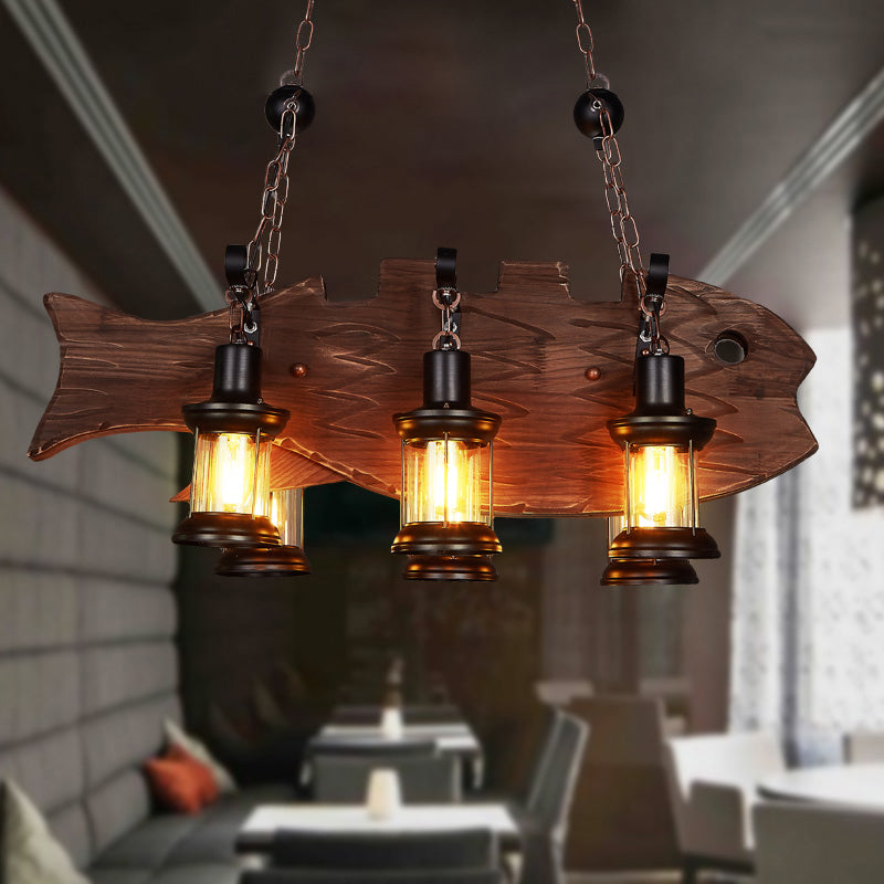 Clear Glass Lantern Island Pendant Country 6-Bulb Dining Room Suspension Light with Wooden Fish Deco Clearhalo 'Ceiling Lights' 'Island Lights' Lighting' 2290131