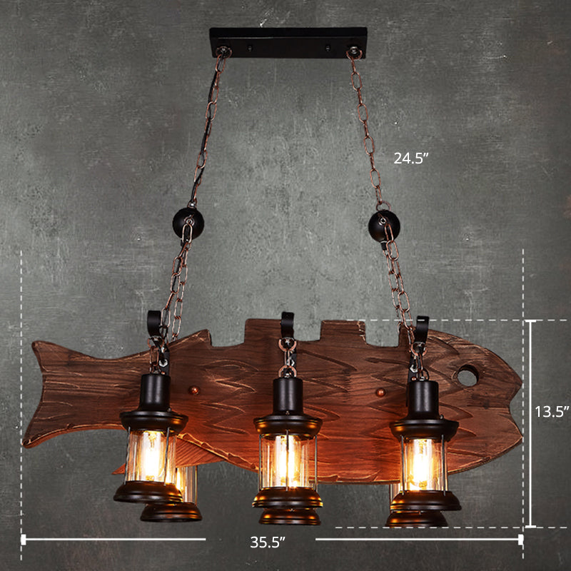 Clear Glass Lantern Island Pendant Country 6-Bulb Dining Room Suspension Light with Wooden Fish Deco Wood Clearhalo 'Ceiling Lights' 'Island Lights' Lighting' 2290132