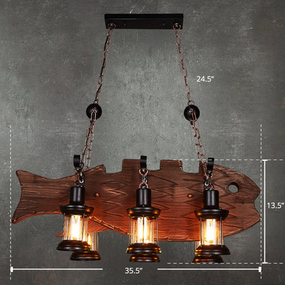 Clear Glass Lantern Island Pendant Country 6-Bulb Dining Room Suspension Light with Wooden Fish Deco Wood Clearhalo 'Ceiling Lights' 'Island Lights' Lighting' 2290132