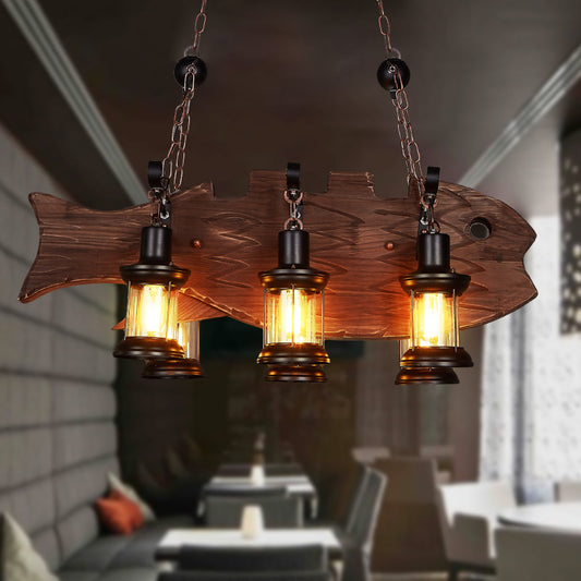 Clear Glass Lantern Island Pendant Country 6-Bulb Dining Room Suspension Light with Wooden Fish Deco Clearhalo 'Ceiling Lights' 'Island Lights' Lighting' 2290133