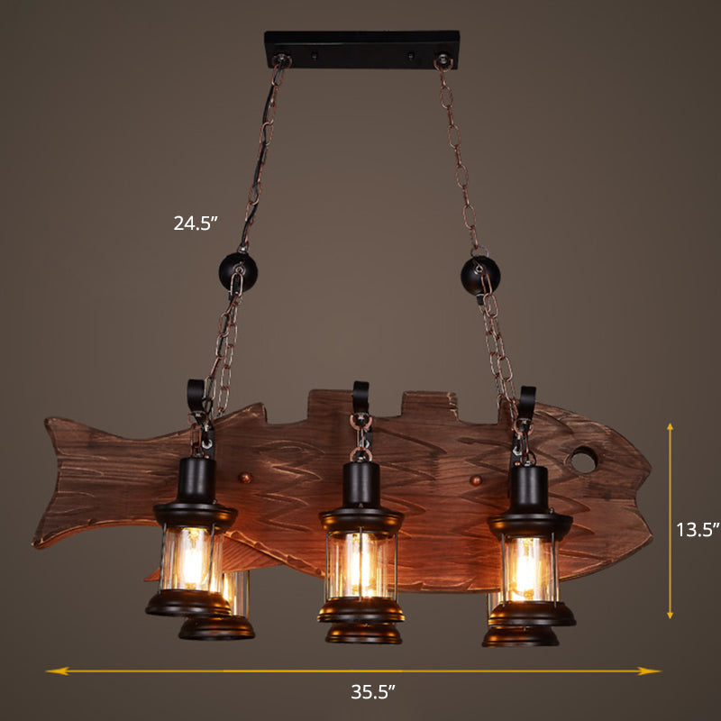 Clear Glass Lantern Island Pendant Country 6-Bulb Dining Room Suspension Light with Wooden Fish Deco Clearhalo 'Ceiling Lights' 'Island Lights' Lighting' 2290134