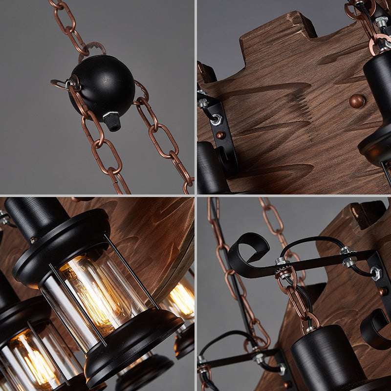 Clear Glass Lantern Island Pendant Country 6-Bulb Dining Room Suspension Light with Wooden Fish Deco Clearhalo 'Ceiling Lights' 'Island Lights' Lighting' 2290136