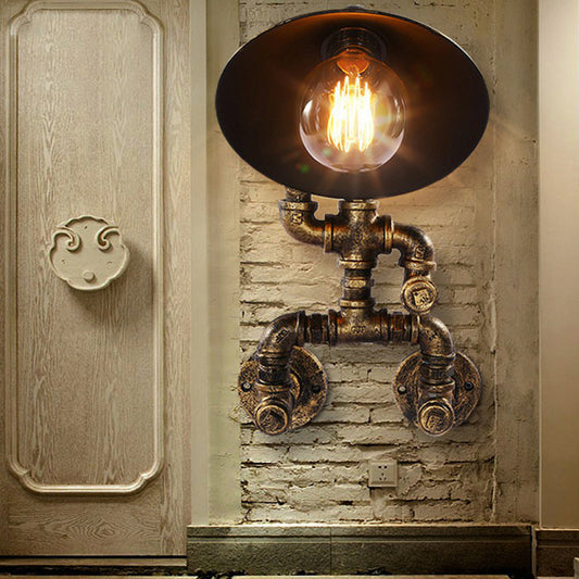 Iron Pipe Man Wall Mount Light Steampunk 1 Head Bedroom Wall Lamp with Flared Shade in Bronze Clearhalo 'Art deco wall lights' 'Cast Iron' 'Glass' 'Industrial wall lights' 'Industrial' 'Middle century wall lights' 'Modern' 'Rustic wall lights' 'Tiffany' 'Traditional wall lights' 'Wall Lamps & Sconces' 'Wall Lights' Lighting' 2290147