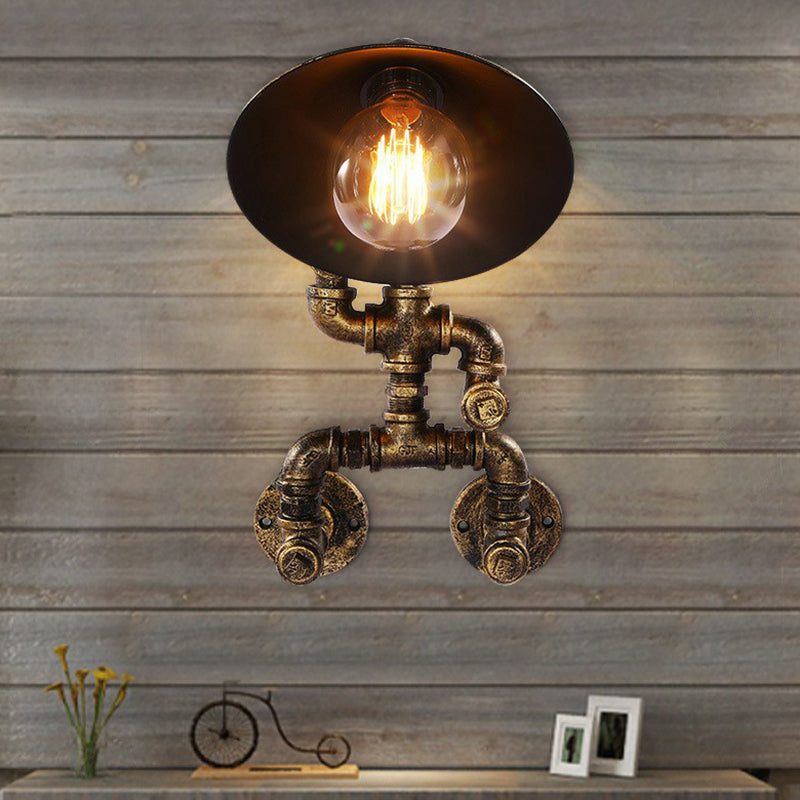 Iron Pipe Man Wall Mount Light Steampunk 1 Head Bedroom Wall Lamp with Flared Shade in Bronze Clearhalo 'Art deco wall lights' 'Cast Iron' 'Glass' 'Industrial wall lights' 'Industrial' 'Middle century wall lights' 'Modern' 'Rustic wall lights' 'Tiffany' 'Traditional wall lights' 'Wall Lamps & Sconces' 'Wall Lights' Lighting' 2290149