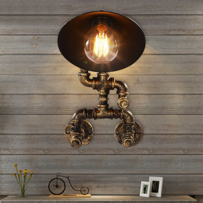 Iron Pipe Man Wall Mount Light Steampunk 1 Head Bedroom Wall Lamp with Flared Shade in Bronze Clearhalo 'Art deco wall lights' 'Cast Iron' 'Glass' 'Industrial wall lights' 'Industrial' 'Middle century wall lights' 'Modern' 'Rustic wall lights' 'Tiffany' 'Traditional wall lights' 'Wall Lamps & Sconces' 'Wall Lights' Lighting' 2290149