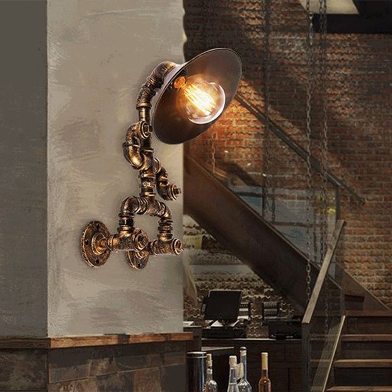 Iron Pipe Man Wall Mount Light Steampunk 1 Head Bedroom Wall Lamp with Flared Shade in Bronze Clearhalo 'Art deco wall lights' 'Cast Iron' 'Glass' 'Industrial wall lights' 'Industrial' 'Middle century wall lights' 'Modern' 'Rustic wall lights' 'Tiffany' 'Traditional wall lights' 'Wall Lamps & Sconces' 'Wall Lights' Lighting' 2290151