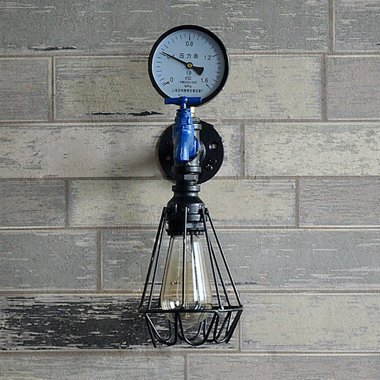 Industrial Water Tap Sconce Lighting 1 Head Metal Wall Lamp Fixture with Cage and Gauge in Black Clearhalo 'Art deco wall lights' 'Cast Iron' 'Glass' 'Industrial wall lights' 'Industrial' 'Middle century wall lights' 'Modern' 'Rustic wall lights' 'Tiffany' 'Traditional wall lights' 'Wall Lamps & Sconces' 'Wall Lights' Lighting' 2290160