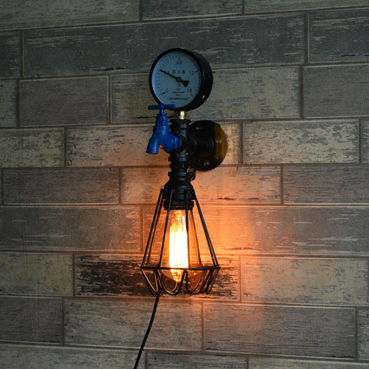 Industrial Water Tap Sconce Lighting 1 Head Metal Wall Lamp Fixture with Cage and Gauge in Black Clearhalo 'Art deco wall lights' 'Cast Iron' 'Glass' 'Industrial wall lights' 'Industrial' 'Middle century wall lights' 'Modern' 'Rustic wall lights' 'Tiffany' 'Traditional wall lights' 'Wall Lamps & Sconces' 'Wall Lights' Lighting' 2290161