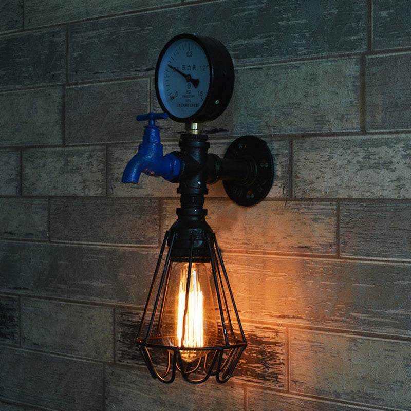 Industrial Water Tap Sconce Lighting 1 Head Metal Wall Lamp Fixture with Cage and Gauge in Black Clearhalo 'Art deco wall lights' 'Cast Iron' 'Glass' 'Industrial wall lights' 'Industrial' 'Middle century wall lights' 'Modern' 'Rustic wall lights' 'Tiffany' 'Traditional wall lights' 'Wall Lamps & Sconces' 'Wall Lights' Lighting' 2290162