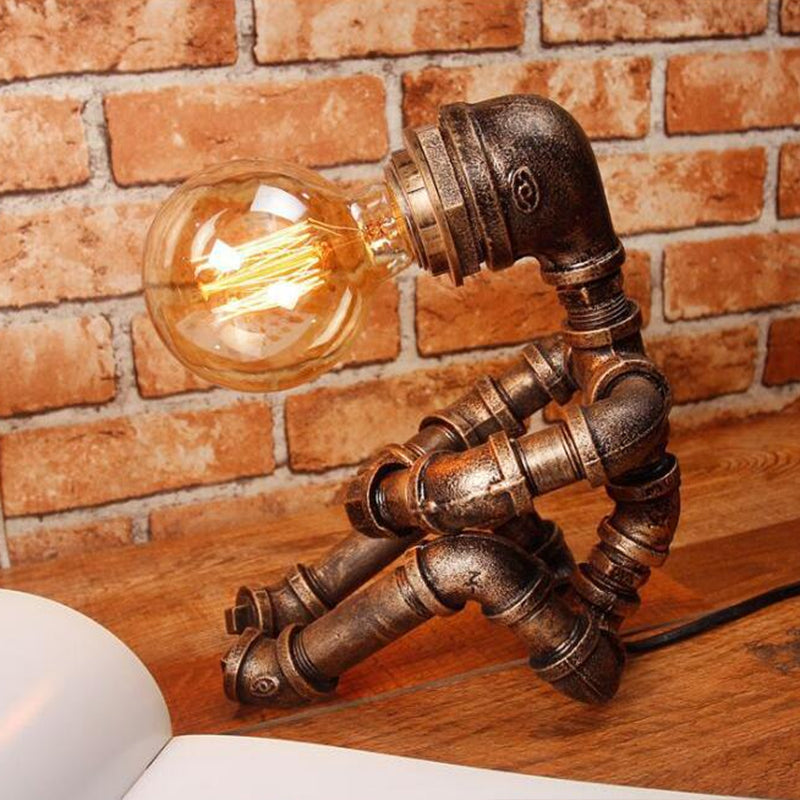 1-Light Pipe Robot Table Lamp Industrial Antiqued Bronze Metal Night Stand Light for Bedroom Bronze Clearhalo 'Lamps' 'Table Lamps' Lighting' 2290173