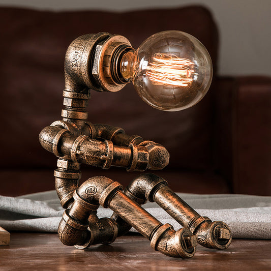 1-Light Pipe Robot Table Lamp Industrial Antiqued Bronze Metal Night Stand Light for Bedroom Clearhalo 'Lamps' 'Table Lamps' Lighting' 2290174