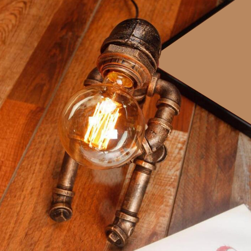 1-Light Pipe Robot Table Lamp Industrial Antiqued Bronze Metal Night Stand Light for Bedroom Clearhalo 'Lamps' 'Table Lamps' Lighting' 2290175